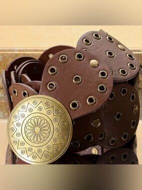 Brown Leather Womens Concho Belt with Decorative Brass Medallion